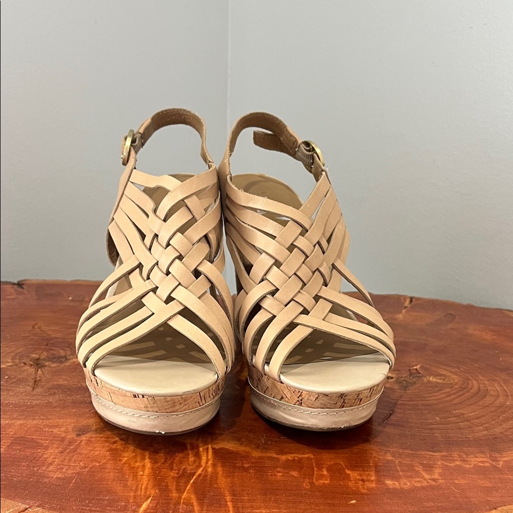 Franco Sarto Leather Beige Woven Wedges